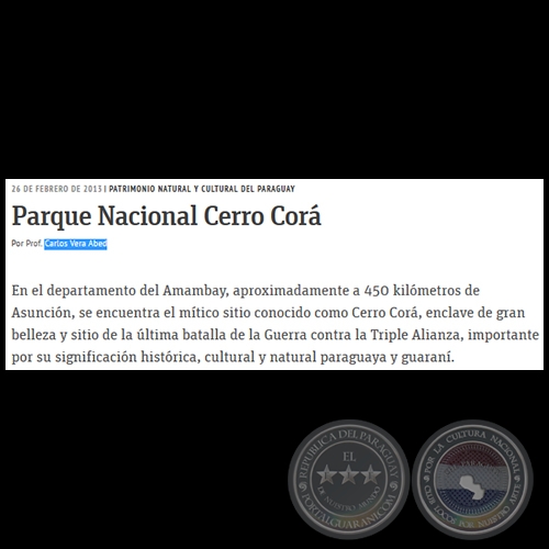 Parque Nacional Cerro Corá - PATRIMONIO NATURAL Y CULTURAL DEL PARAGUAY - Por PROF. CARLOS VERA ABED - Martes, 26 de Febrero de 2013